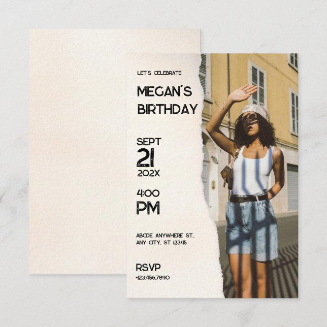 Invitación cumpleaños de la moda simple de Beige (Anverso / Reverso)