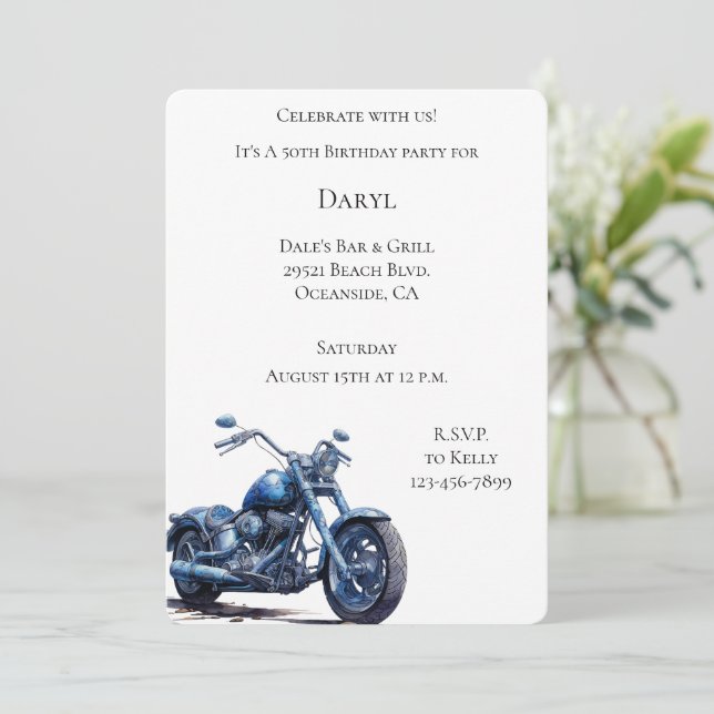 Invitación Cumpleaños de la motocicleta azul (Anverso de pie)