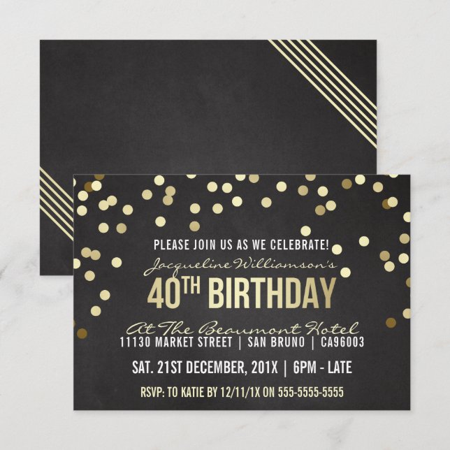 Invitación Cumpleaños de la mujer de la pizarra del confeti (Anverso / Reverso)