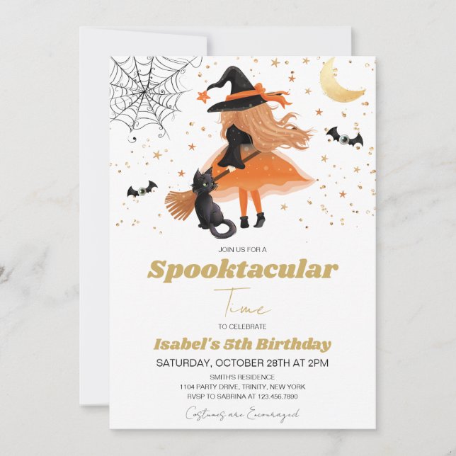 Invitación Cumpleaños de la naranja Witch Halloween (Anverso)