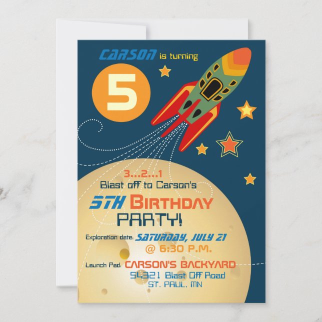 Invitación Cumpleaños de la nave espacial, los planetas y las (Anverso)