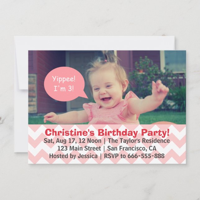 Invitación Cumpleaños de la niña Chevron Rosa, Burbuja de diá (Anverso)