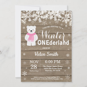 Invitación Cumpleaños de la niña del oso polar de Winter Oned