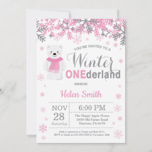 Invitación Cumpleaños de la niña del oso polar de Winter Oned