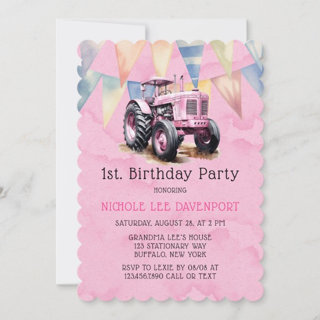 Invitación Cumpleaños de la niña del tractor rosa 1er año (Anverso)
