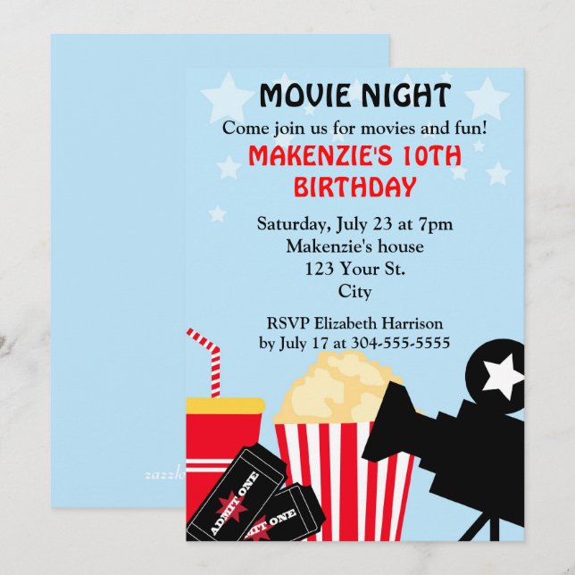 Invitación Cumpleaños de la noche de película (Anverso / Reverso)