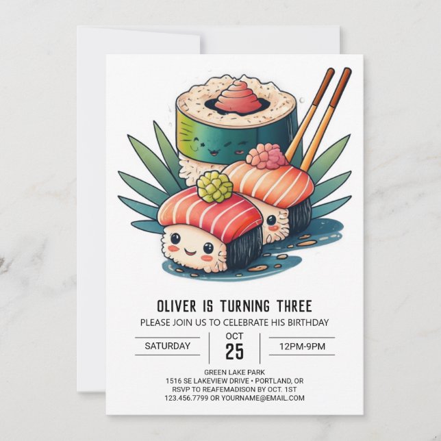 Invitación Cumpleaños de la noche del sushi caprichoso (Anverso)