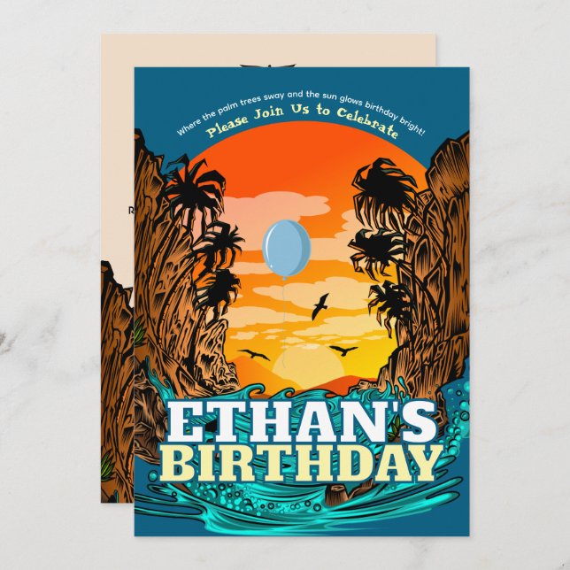 Invitación Cumpleaños de la Palm Tree Tropical Sunset (Anverso / Reverso)