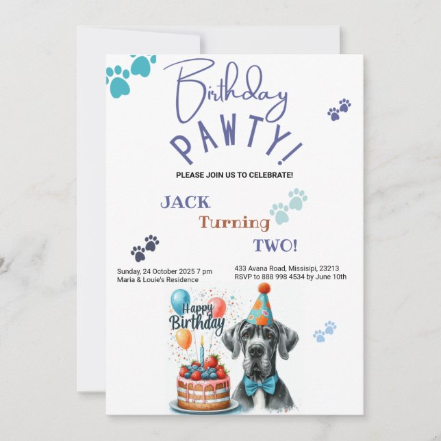 Invitación Cumpleaños de la Patria Grande Dane Dog (Anverso)