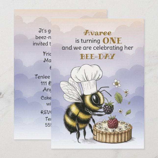 Invitación Cumpleaños de la pequeña abeja bebé niña (Anverso / Reverso)