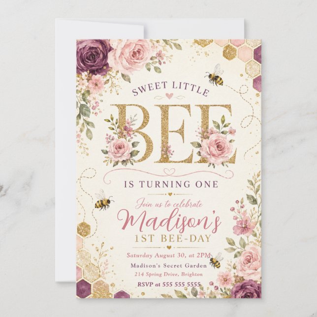 Invitación Cumpleaños de la pequeña abeja dulce (Anverso)