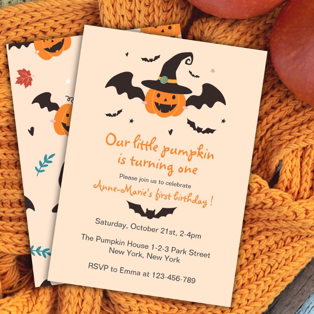 Invitación Cumpleaños de la Pequeña Calabaza Halloween (little pumpkin is turning one. Halloween Birthday Party Invitation for Autumn Fall Birthday kids.)