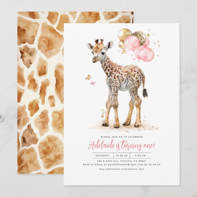Invitación Cumpleaños de la pequeña jirafa rosa y Chica marró (Anverso / Reverso)