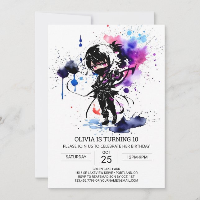 Invitación Cumpleaños de la Pequeña Moda Personalizado Ninja (Anverso)