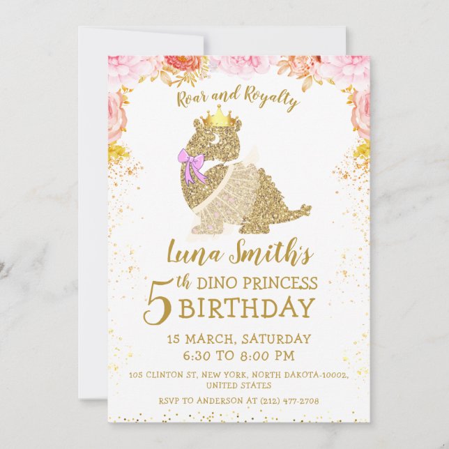 Invitación Cumpleaños de la pequeña niña dinosaurio princesa  (Anverso)