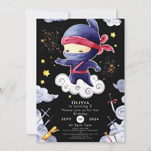 Invitación Cumpleaños de la pequeña Personalizado Ninja (Anverso)