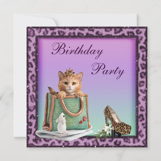 Invitación Cumpleaños de la piel de princesa Kitten Purple (Anverso)