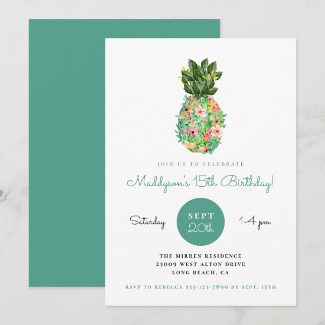 Invitación Cumpleaños de la piña tropical floral (Anverso / Reverso)