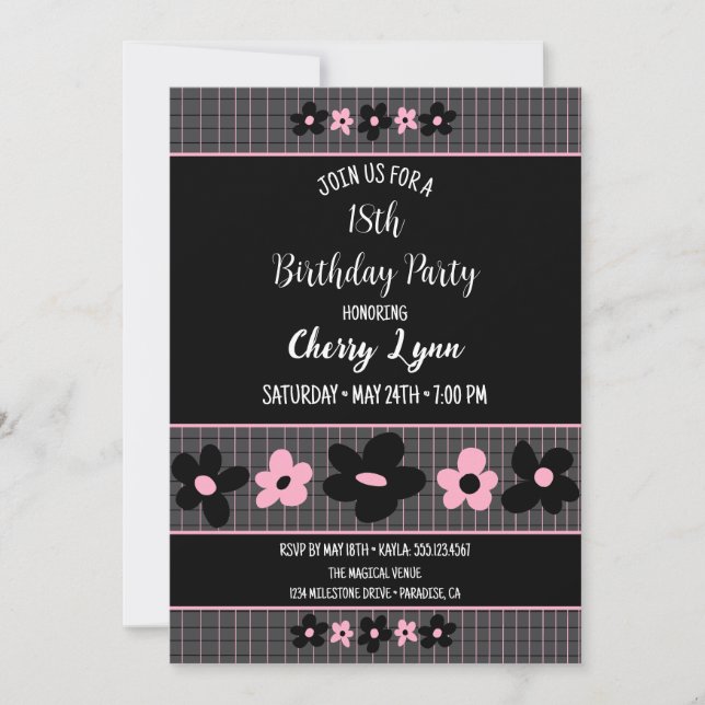 Invitación Cumpleaños de la Pinstripe Floral Negra y Rosa (Anverso)