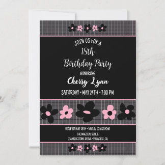 Invitación Cumpleaños de la Pinstripe Floral Negra y Rosa