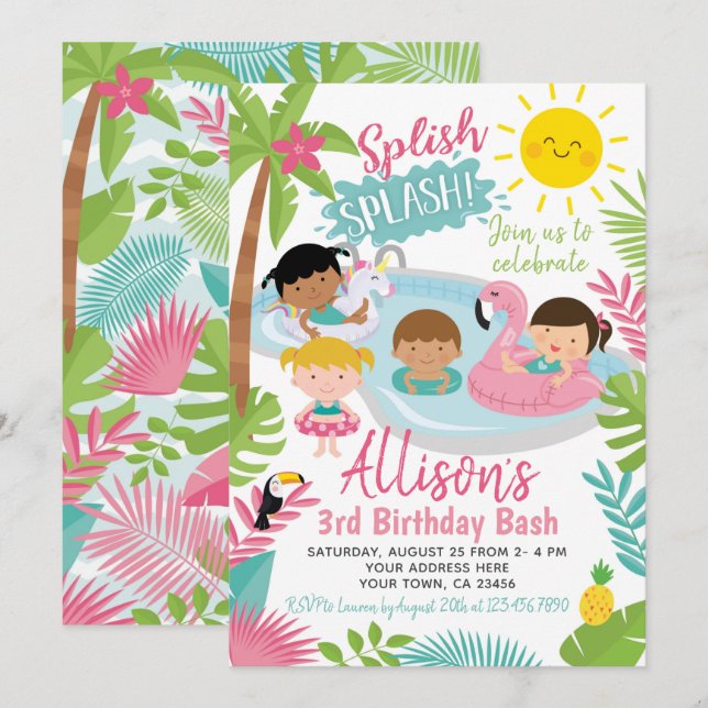 Invitación Cumpleaños de la Piscina Luau (Anverso / Reverso)