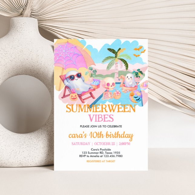 Invitación Cumpleaños de la piscina Summerween Halloween (Summerween Halloween Pool Birthday Invitation)