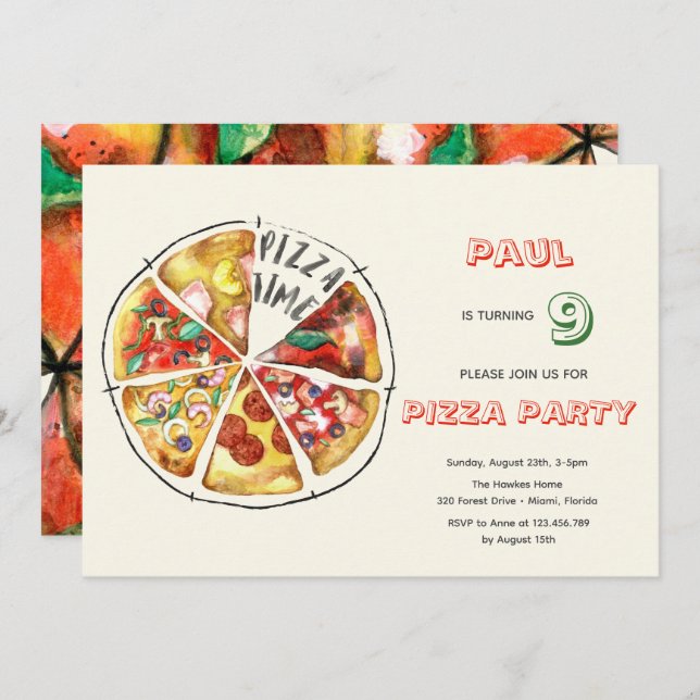 Invitación Cumpleaños de la pizza acuarela (Anverso / Reverso)