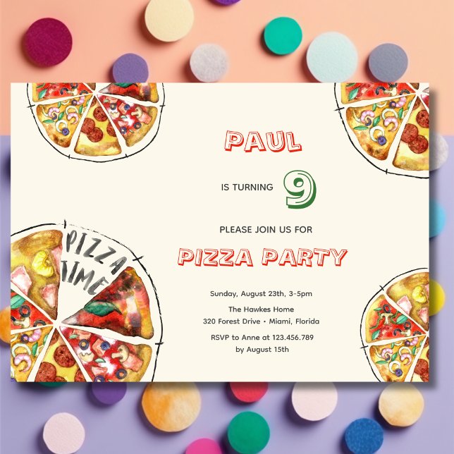 Invitación Cumpleaños de la pizza acuarela (Subido por el creador)