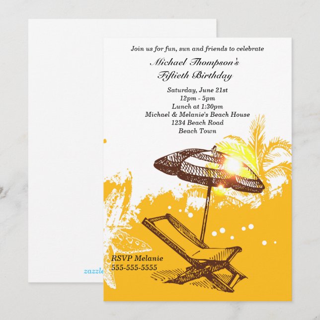 Invitación Cumpleaños de la playa de la diversión y de Sun (Anverso / Reverso)