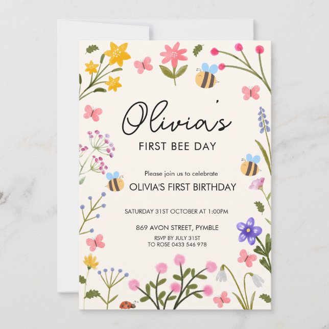 Invitación  Cumpleaños de la primera abeja (Anverso)