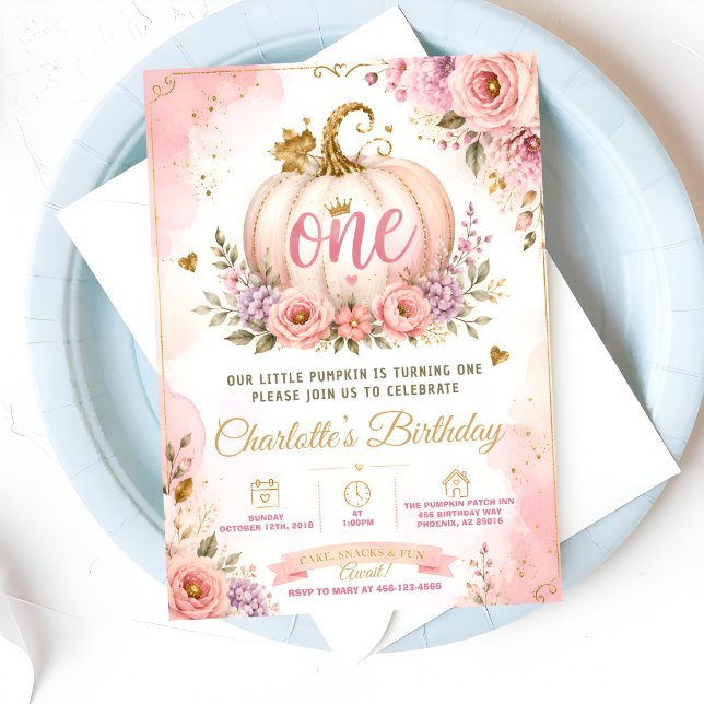 Invitación Cumpleaños de la primera calabaza rosa (Subido por el creador)