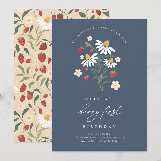 Invitación Cumpleaños de la primera fresa Berry (Anverso / Reverso)