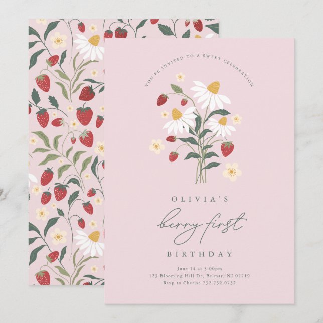 Invitación Cumpleaños de la primera fresa Berry (Anverso / Reverso)