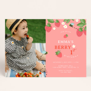 Invitación Cumpleaños de la primera fresa con abejas rosa