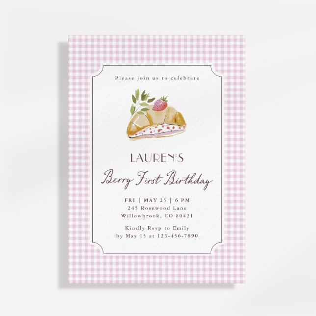 Invitación Cumpleaños de la primera fresa con gingham rosa (Subido por el creador)