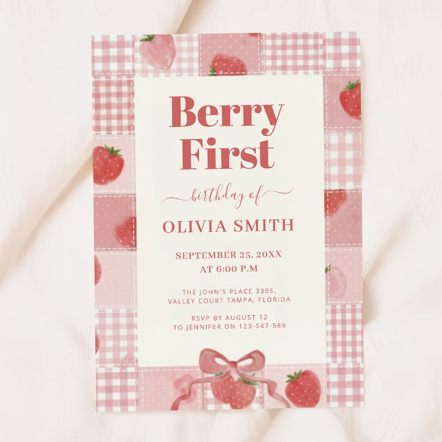 Invitación Cumpleaños de la primera fresa con lazo rosa (Subido por el creador)