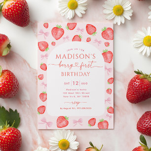 Invitación Cumpleaños de la primera fresa con lazo rosa