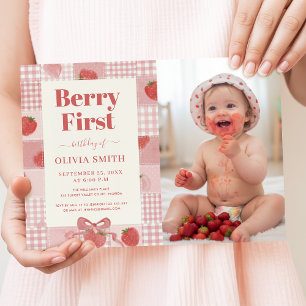 Invitación Cumpleaños de la primera fresa con lazo rosa Foto