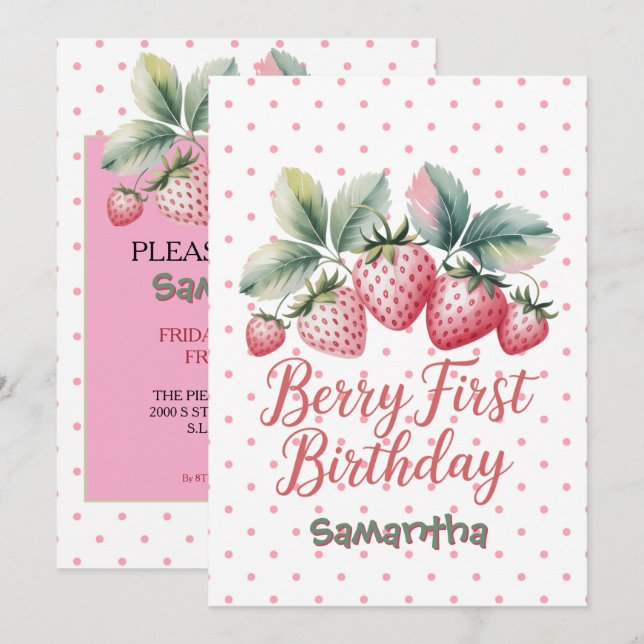 Invitación Cumpleaños de la primera fresa dulce de Berry (Anverso / Reverso)