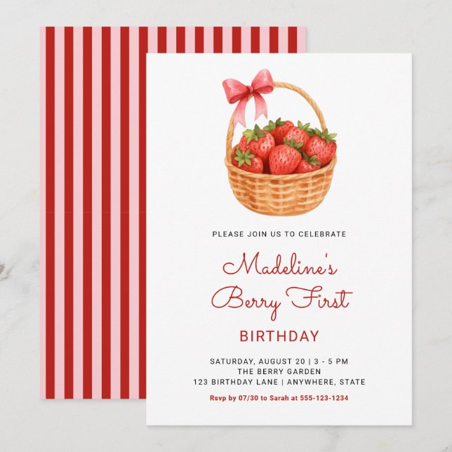 Invitación Cumpleaños de la primera fresa linda y elegante (Anverso / Reverso)