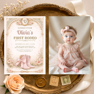 Invitación Cumpleaños de la primera rodeo rosa de niña con fo