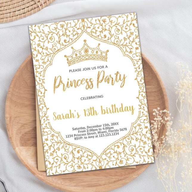 Invitación Cumpleaños de la princesa blanca Purpurina dorada (Golden Glitter White Princess Birthday Invitation)