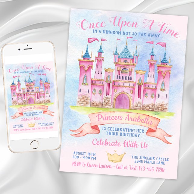 Invitación Cumpleaños de la princesa Castillo Cualquier númer (Princess Castle Any Number Princess Birthday Party Invitation. Download and printed invitations.)