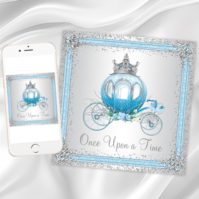 Invitación Cumpleaños de la Princesa Cenicienta Azul (Cinderella Blue Princess Birthday Party Invitation with carriage. Digital and print available.)