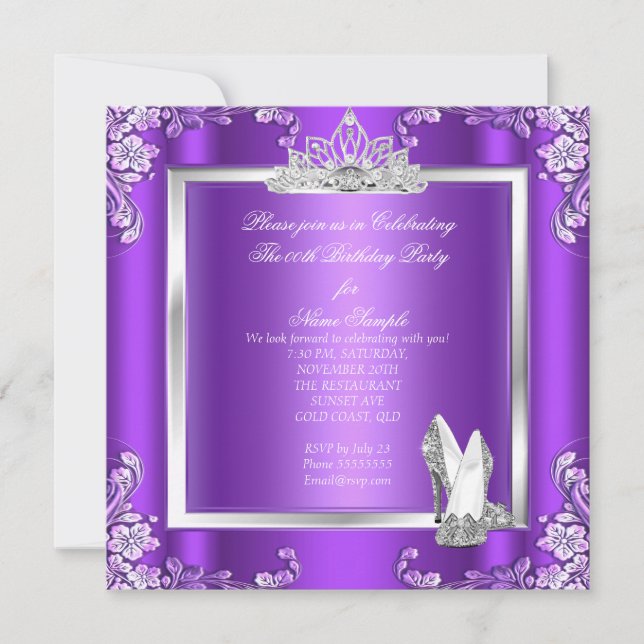 Invitación Cumpleaños de la Princesa con Zapatos de Tacón Alt (Anverso)
