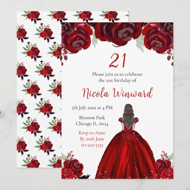 Invitación Cumpleaños de la Princesa de Cabello Castaño con F (Anverso / Reverso)