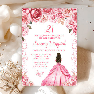 Invitación Cumpleaños de la princesa de cabello marrón rosa