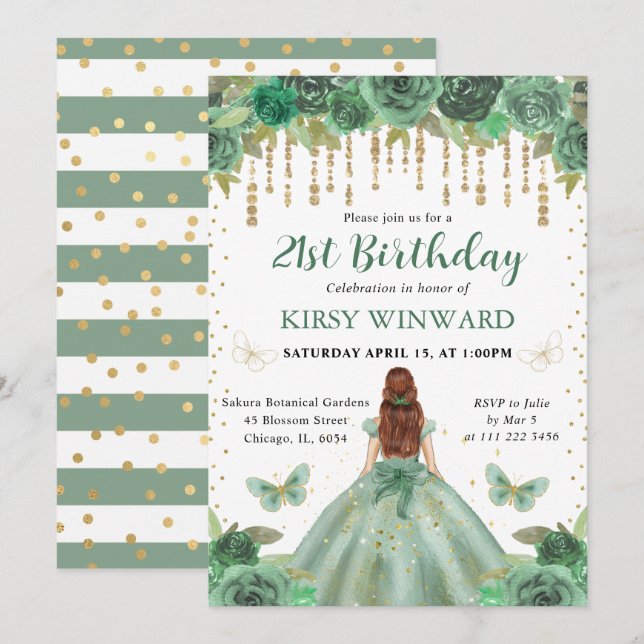 Invitación Cumpleaños de la Princesa de Cabello Rojo y Vestid (Anverso / Reverso)