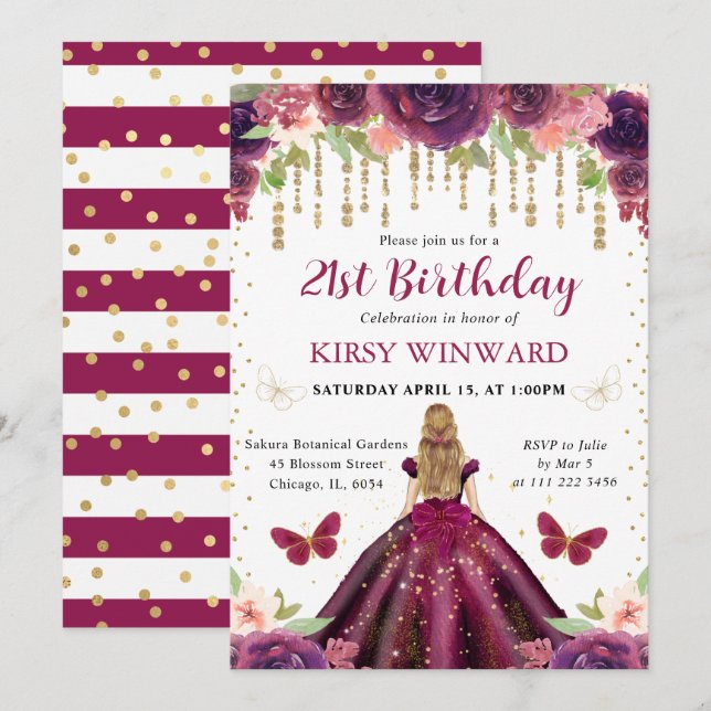 Invitación Cumpleaños de la Princesa de Cabello Rubio con Ves (Anverso / Reverso)