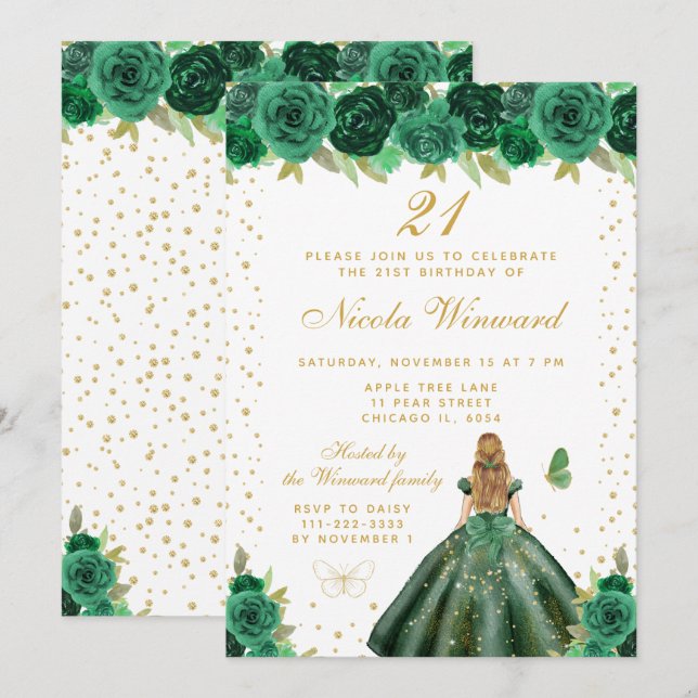 Invitación Cumpleaños de la Princesa de Cabello Rubio Floral  (Anverso / Reverso)